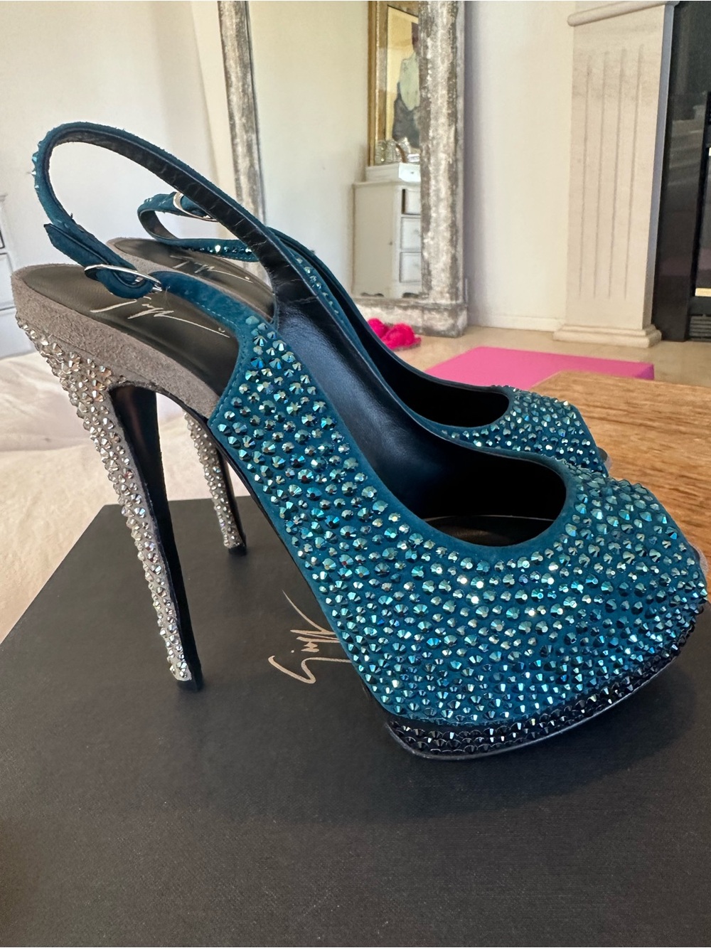 Giuseppe Zanotti Laguna/silver Swarovski Crystal Slingback Platform Heels 38.5 - Picture 7 of 12
